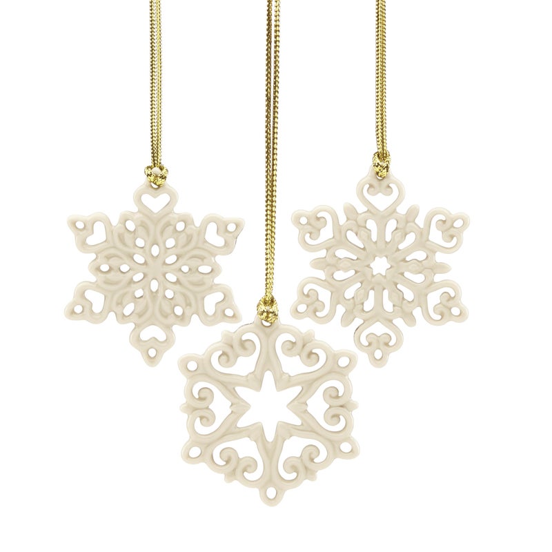 Lenox Ornament, Mini Snowflake 3-Piece Tree Ornament Set, Set Of 3, Porcelain Material, Gold Hanging Cord, Tree Decoration, Christmas Decorations, Christmas Ornaments, Snowflake Design (3 Pieces) - Image 1